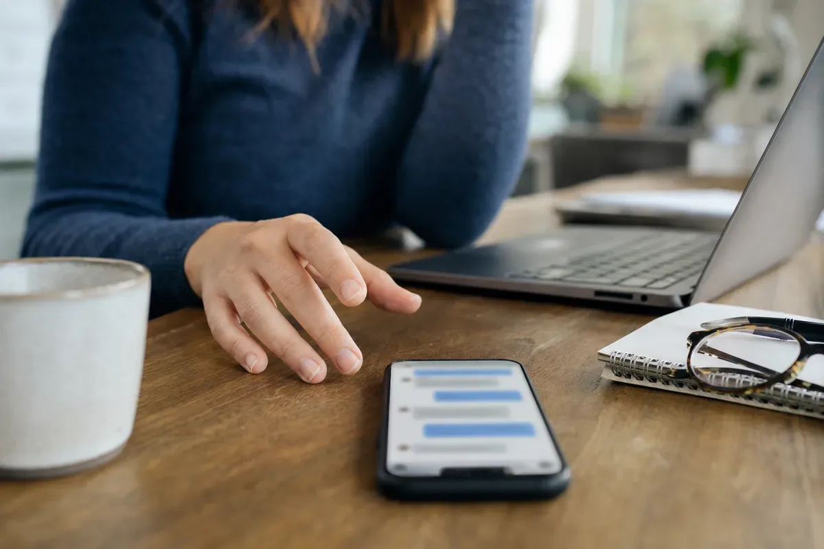 Mano esitante vicino a uno smartphone con chat sfocata su un tavolo, con laptop, tazza di caffè e occhiali