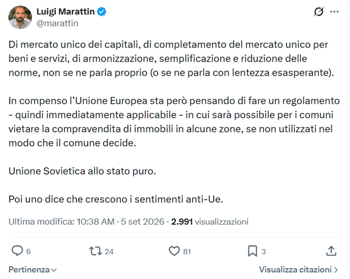 Marattin contro la bozza di regolamento Ue sugli affitti brevi