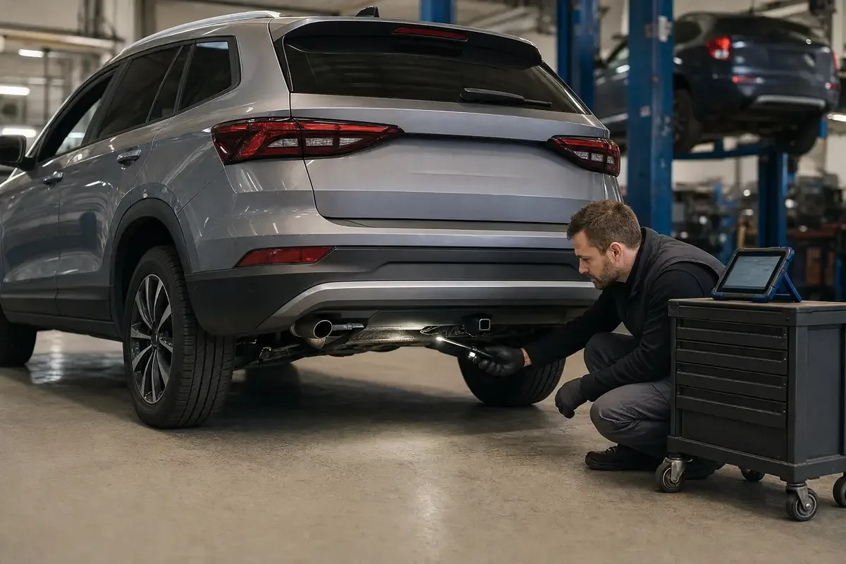 Meccanico ispeziona il retro di un SUV in officina, illuminando il sottoscocca vicino al gancio traino