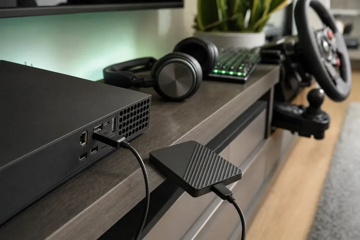 Porta USB di una console con cavo collegato a un disco esterno, con cuffie, tastiera e volante sfocati sullo sfondo