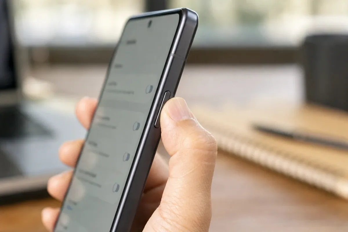 Primo piano di uno smartphone tenuto in mano, con il pollice vicino al tasto laterale di accensione
