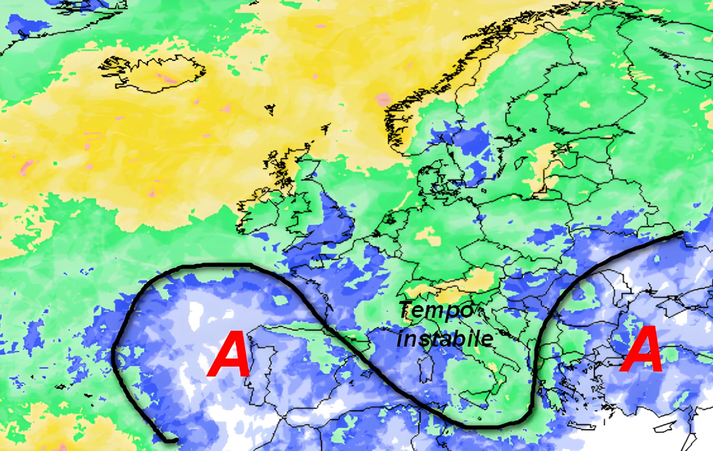 probabilità di pioggia attesa in Europa nella giornata di domenica 20 settembre sempre secondo la media degli scenari del modello GFS elaborato su base grafica Meteociel