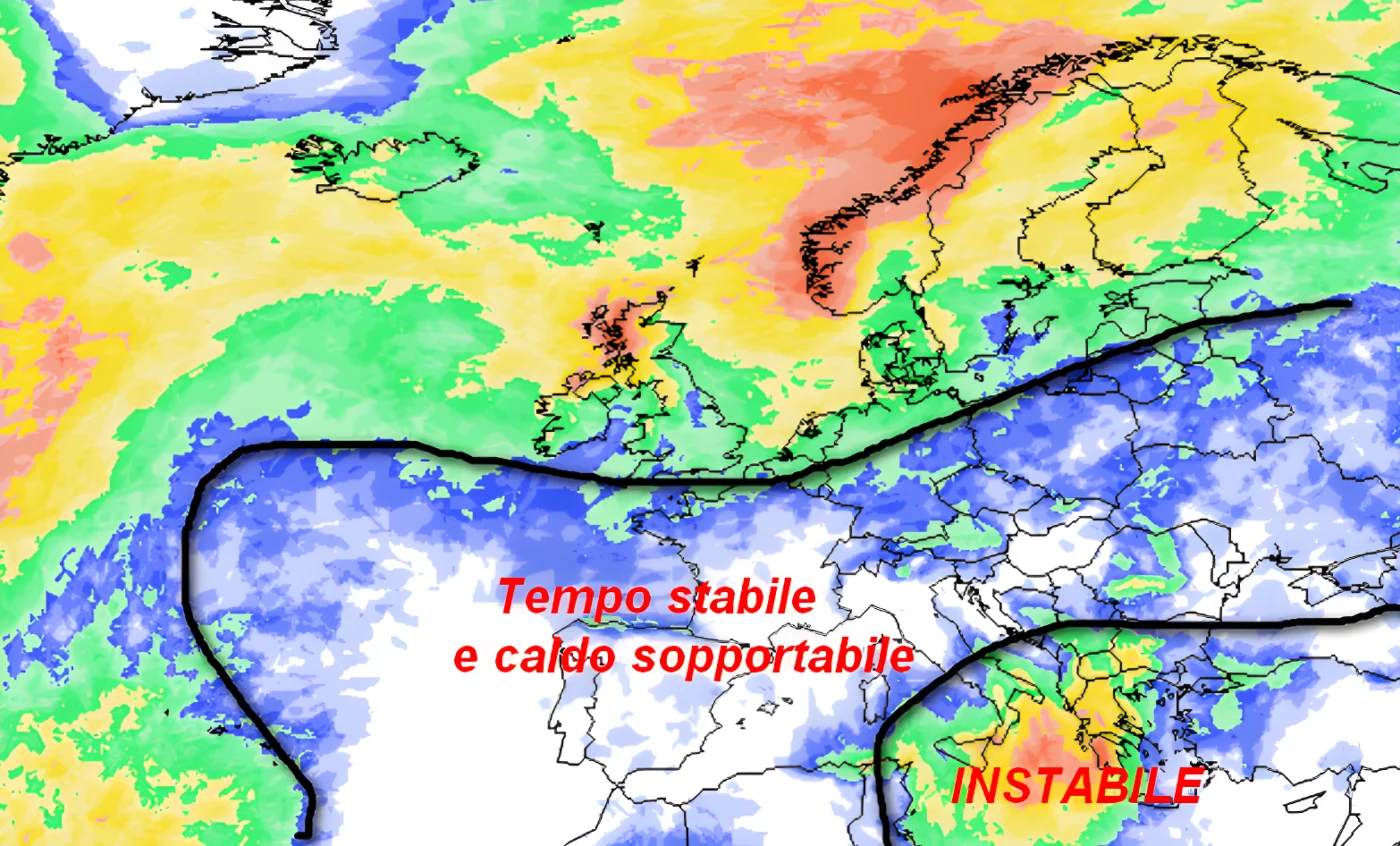 probabilità di pioggia in Europa nella giornata di martedì 15 settembre secondo la media degli scenari del modello GFS elaborato su base grafica Meteociel