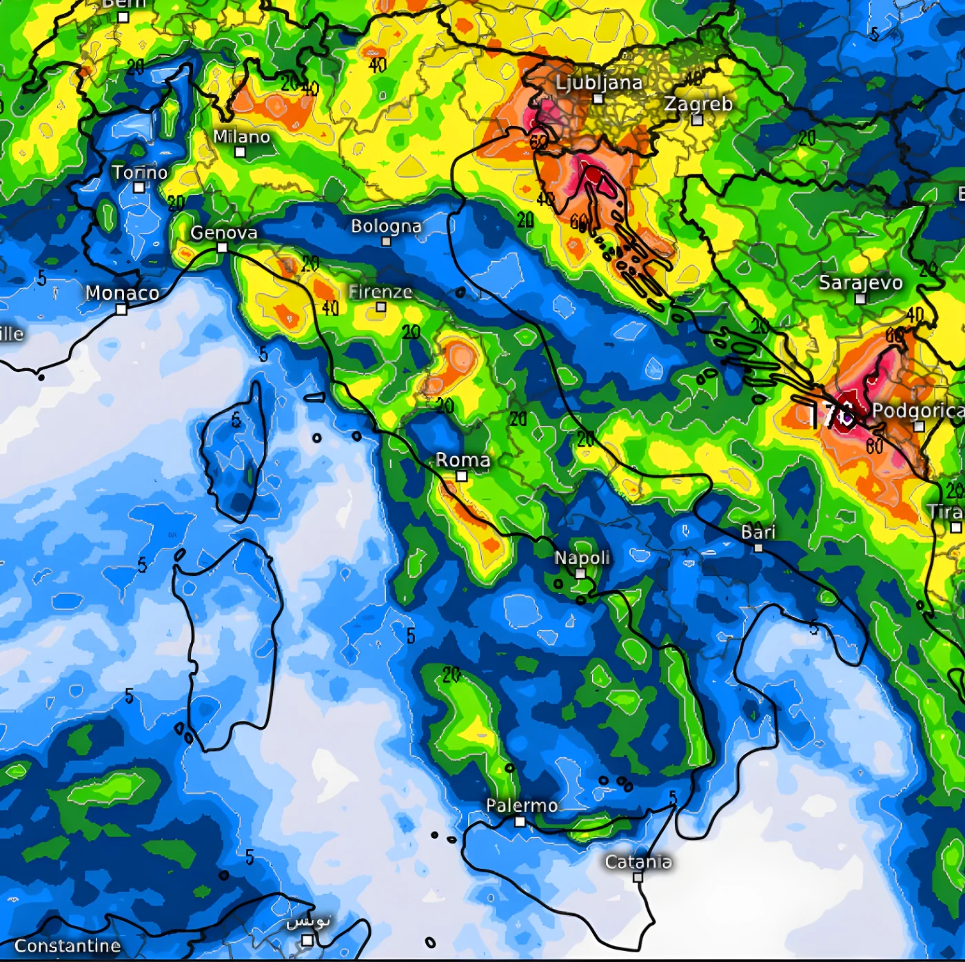 Quanto pioverà in totale fra mercoledì 9 e venerdì 11 settembre secondo il modello ECMWF su base grafica Meteologix