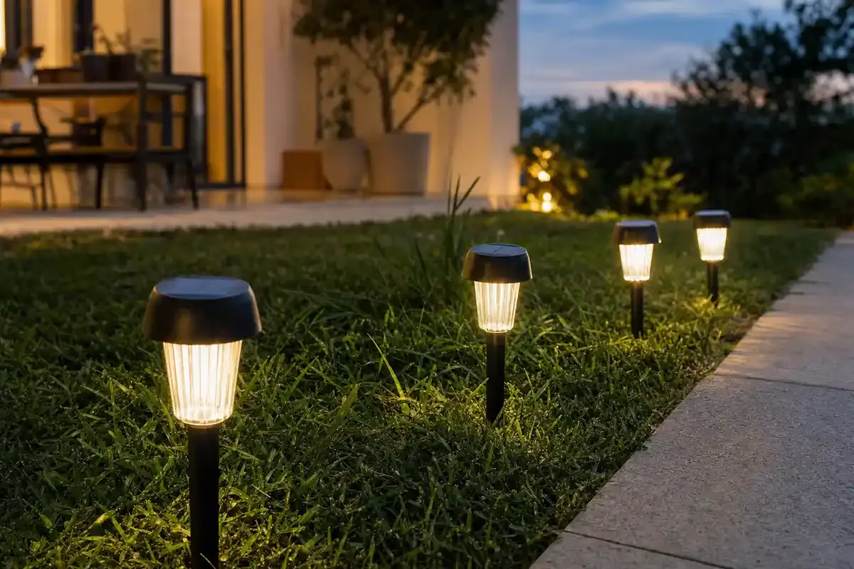 Quattro luci solari a picchetto accese sul prato lungo un vialetto al crepuscolo