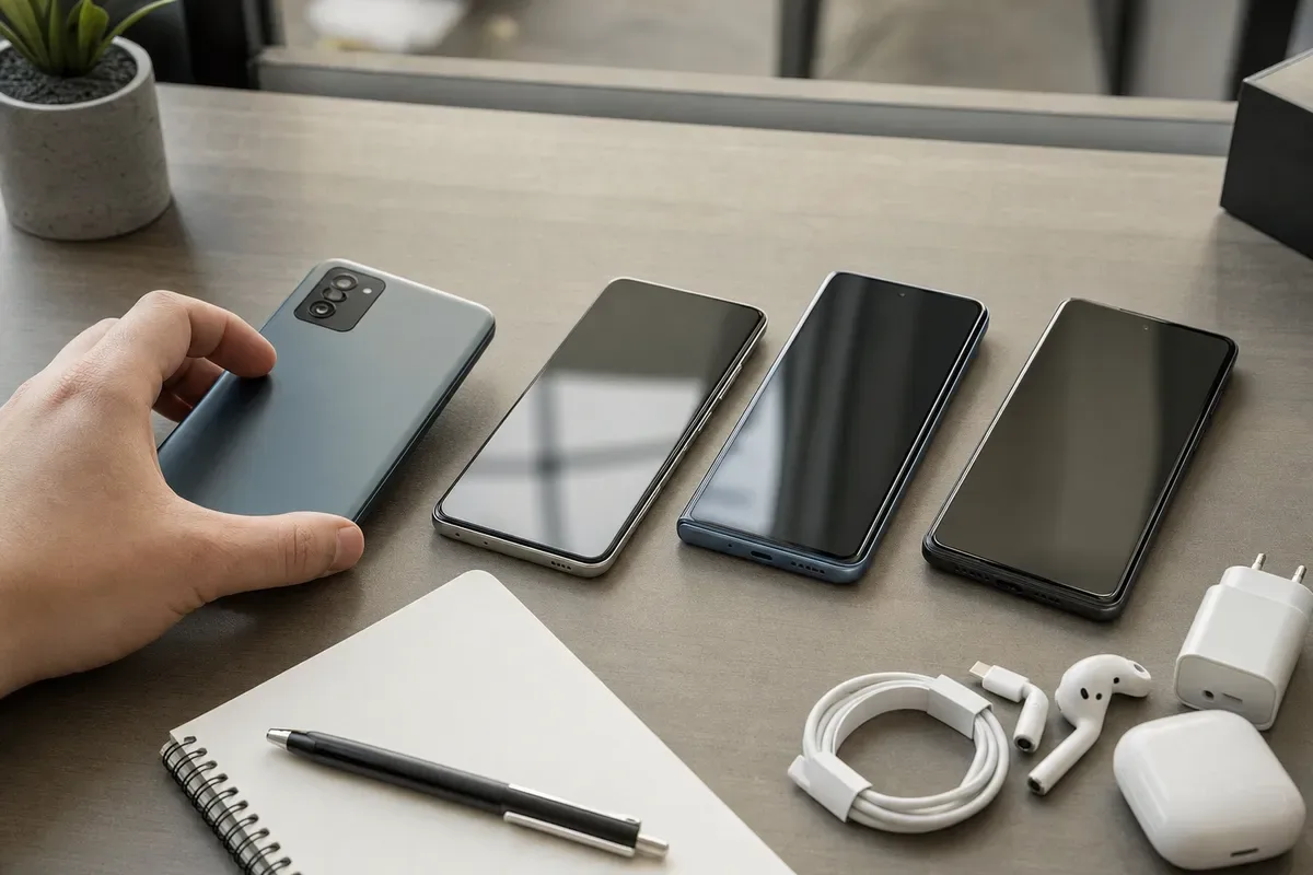 Quattro smartphone su un tavolo con quaderno, penna, cavo di ricarica, auricolari e caricatore, con una mano che ne prende
