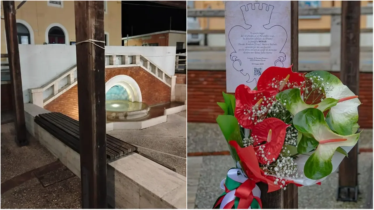 Rimossa da ignoti la targa dedicata alla famiglia Behar, apposta in piazza Stazione a Porto Potenza Picena (Foto postate dal Comune)
