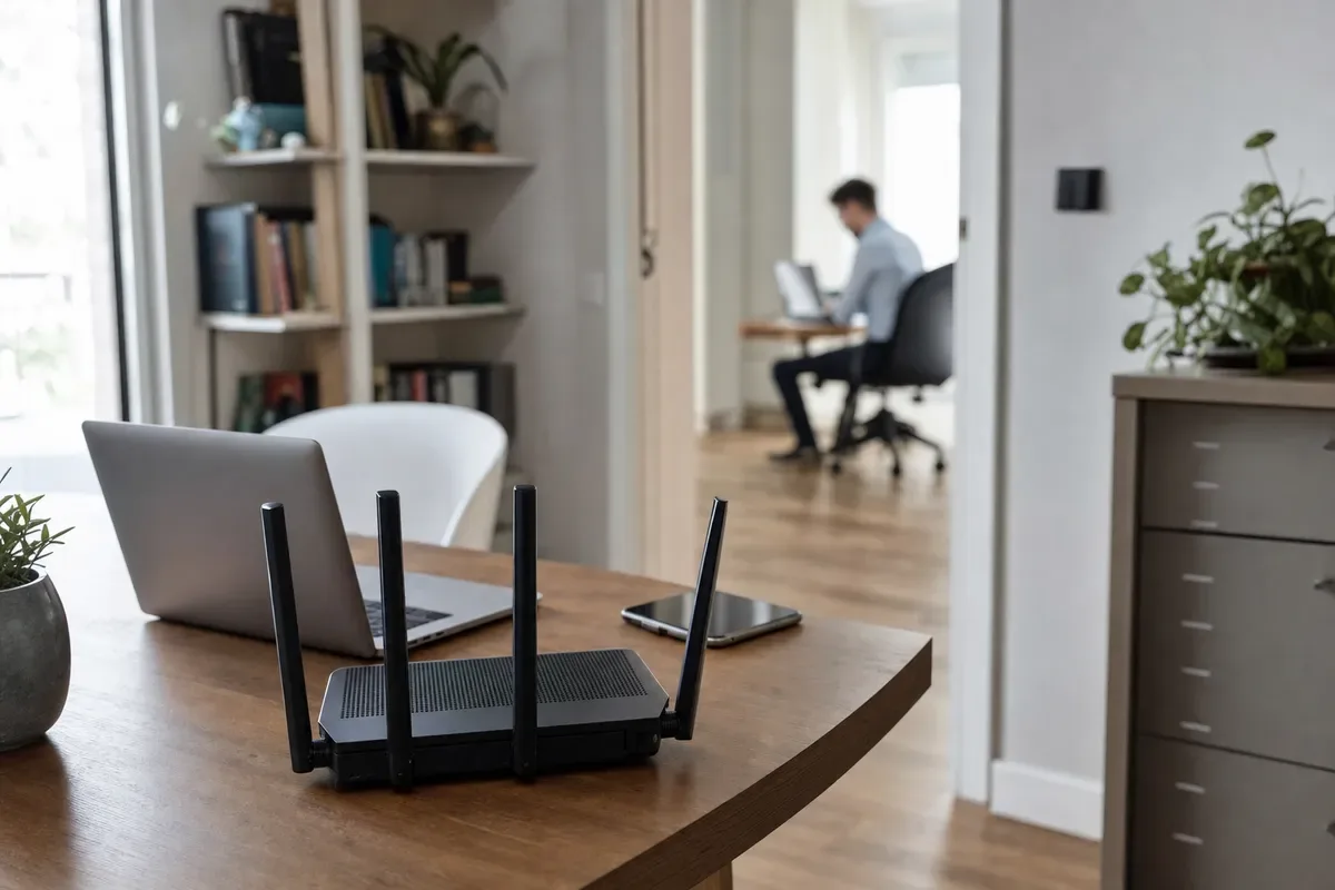 Router Wi‑Fi con quattro antenne su scrivania accanto a laptop e smartphone, ufficio domestico sullo sfondo