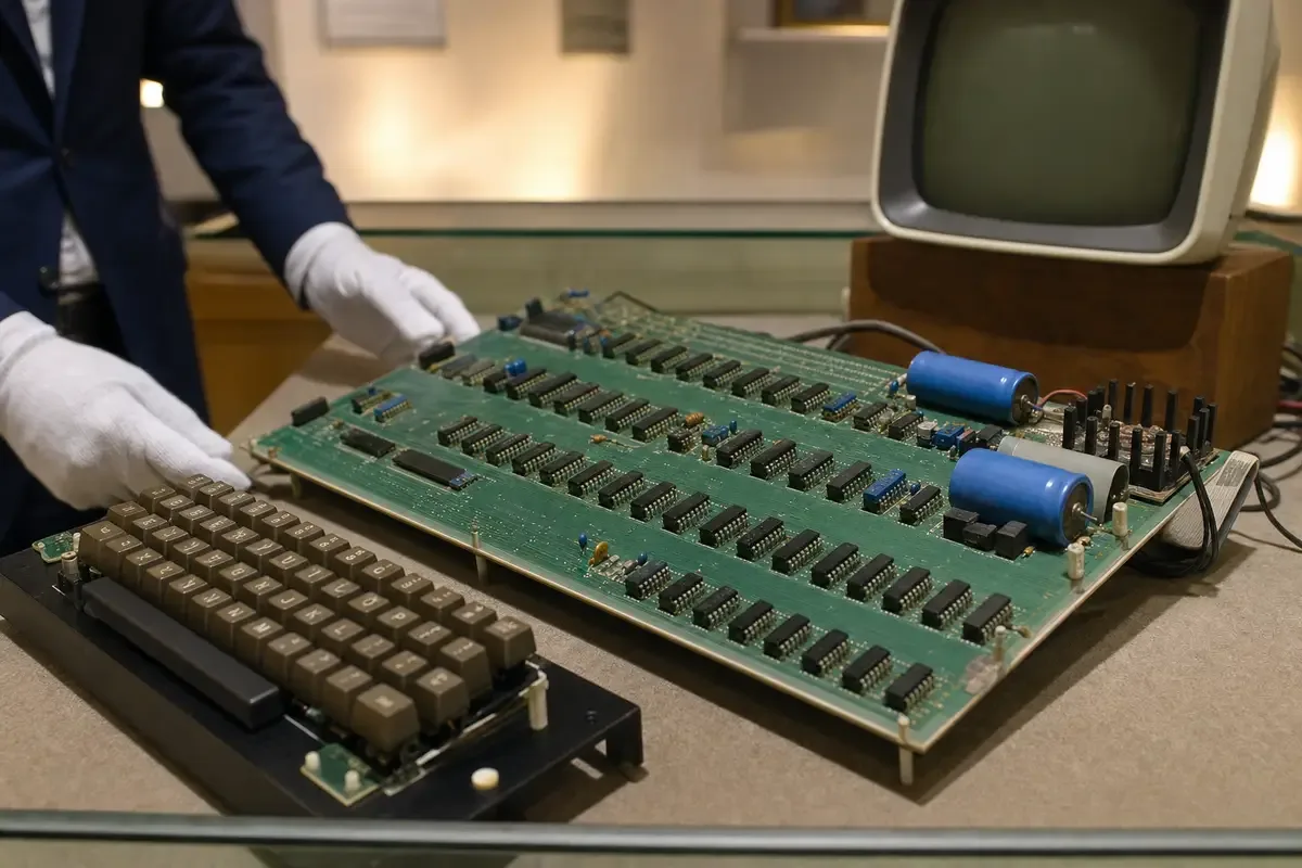 Scheda madre di un computer vintage anni ’70 su tavolo da esposizione, con mani guantate, tastiera e monitor CRT sullo sfondo