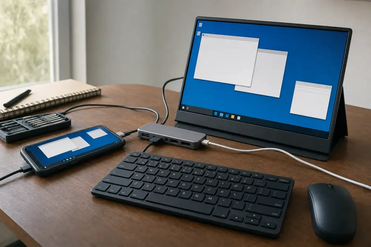 Smartphone Android collegato a hub USB-C, tastiera, mouse e monitor portatile con desktop blu e finestre vuote