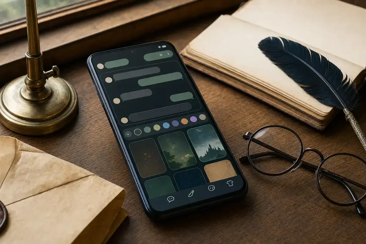 Smartphone Android su scrivania in legno con schermata di personalizzazione chat, occhiali tondi e penna d’oca