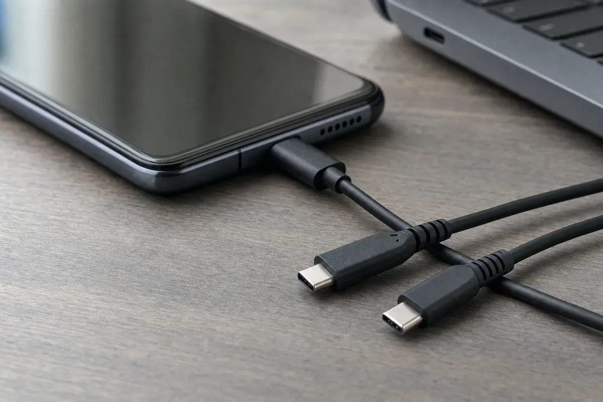 Smartphone con cavo USB-C collegato e altri due cavi USB-C sul tavolo, con un laptop sfocato sullo sfondo
