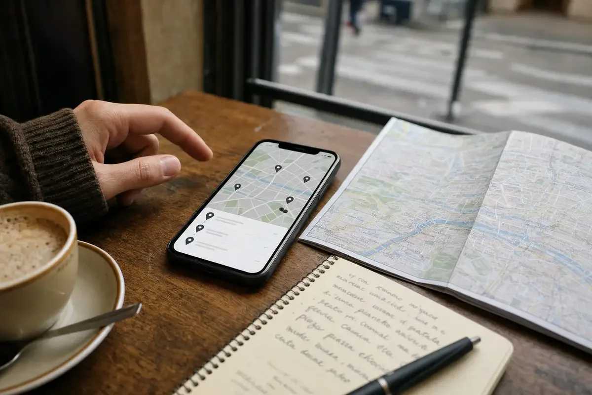 Smartphone con mappa e segnaposto su tavolo, accanto a cartina piegata, taccuino con appunti e caffè