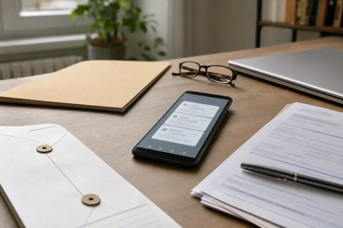 Smartphone con notifiche sfocate accanto a busta cartacea e documenti su una scrivania di home office