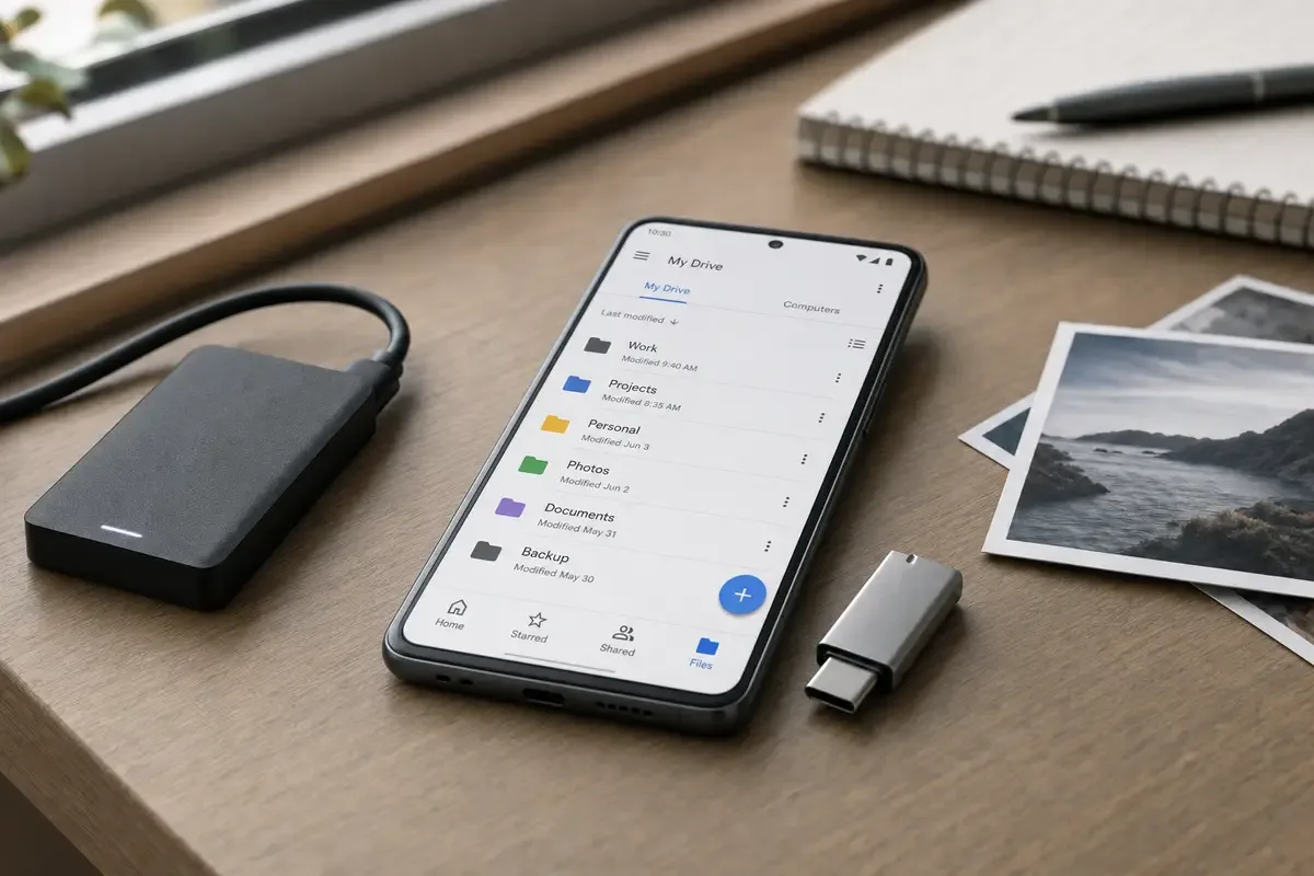 Smartphone con schermata di gestione file accanto a un SSD esterno e un adattatore USB-C su una scrivania