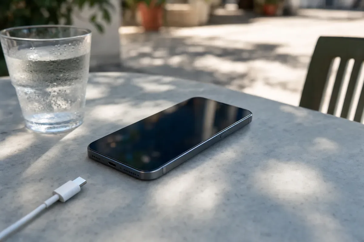 Smartphone con schermo spento su tavolino in marmo all’ombra, cavo di ricarica staccato e bicchiere d’acqua