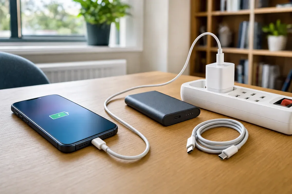 Smartphone in carica via cavo USB-C con caricatore da presa, power bank e cavo arrotolato su un tavolo
