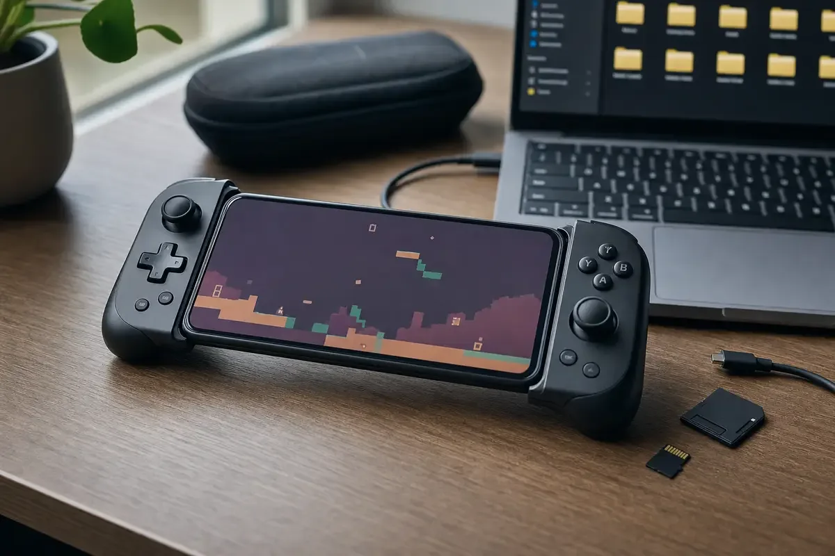 Smartphone inserito in un controller telescopico con gioco retro sullo schermo, su scrivania accanto a laptop e microSD