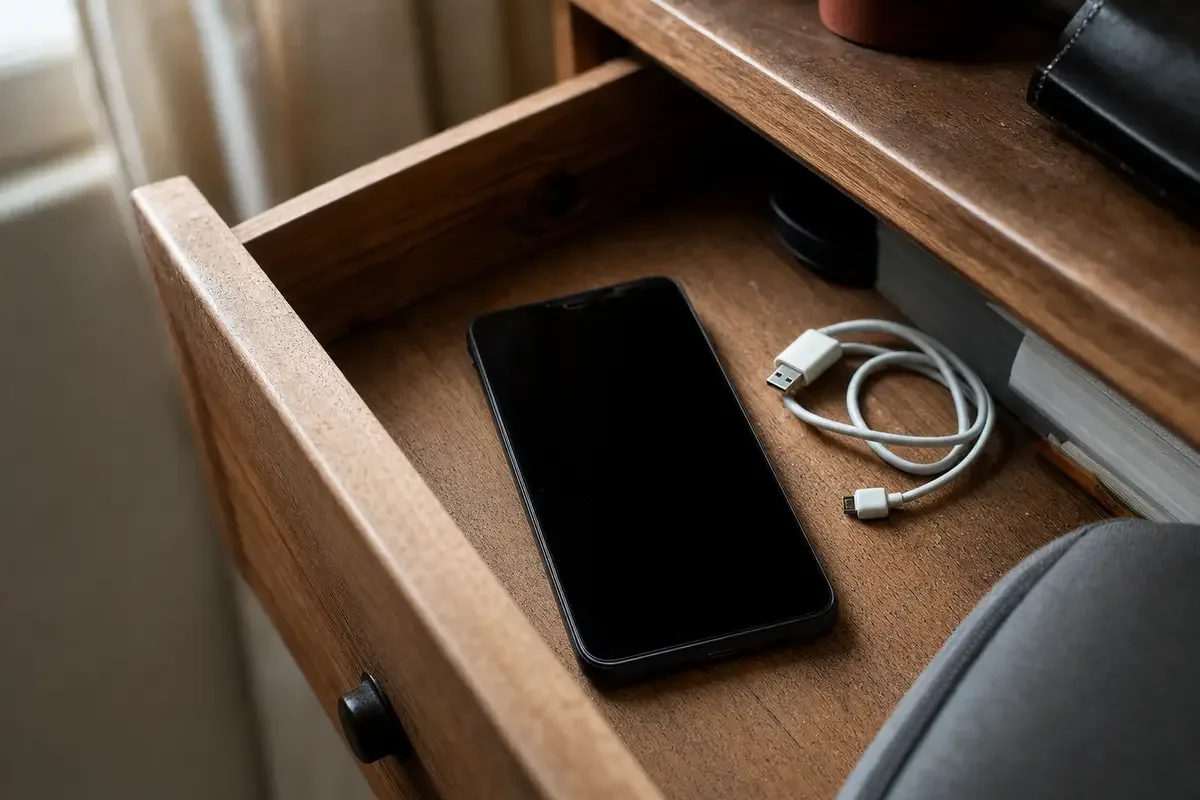 Smartphone spento con schermo nero in un cassetto di legno, accanto a un cavo di ricarica arrotolato