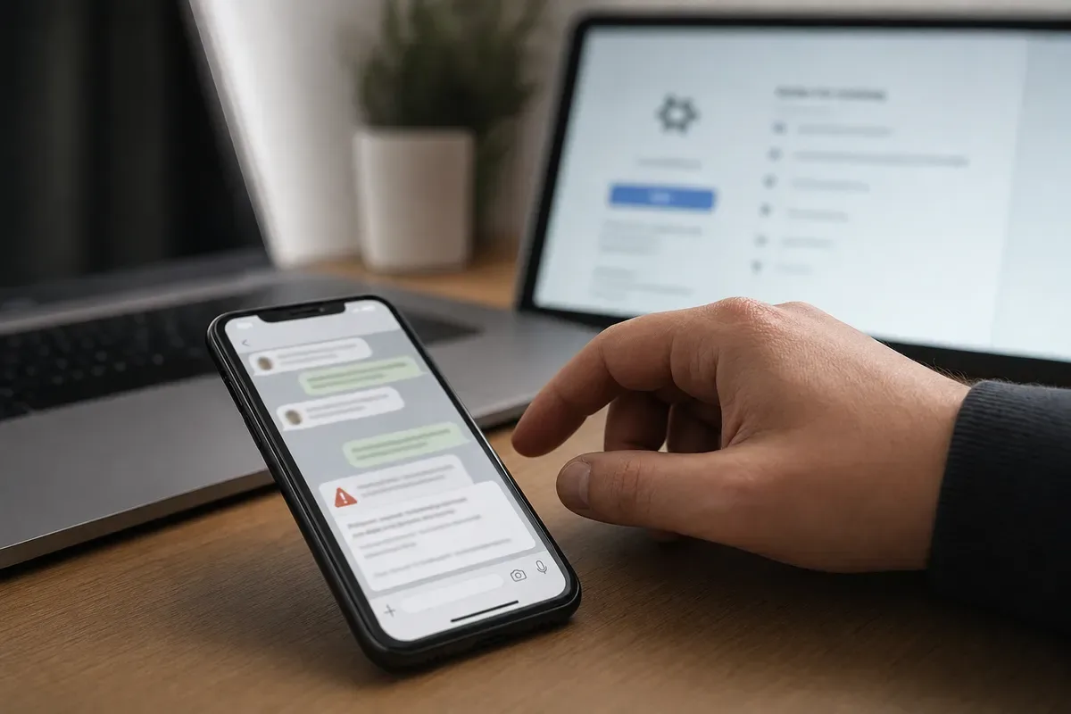 Smartphone su scrivania con chat sfocata e avviso di sicurezza, mano vicina e laptop con impostazioni sullo sfondo