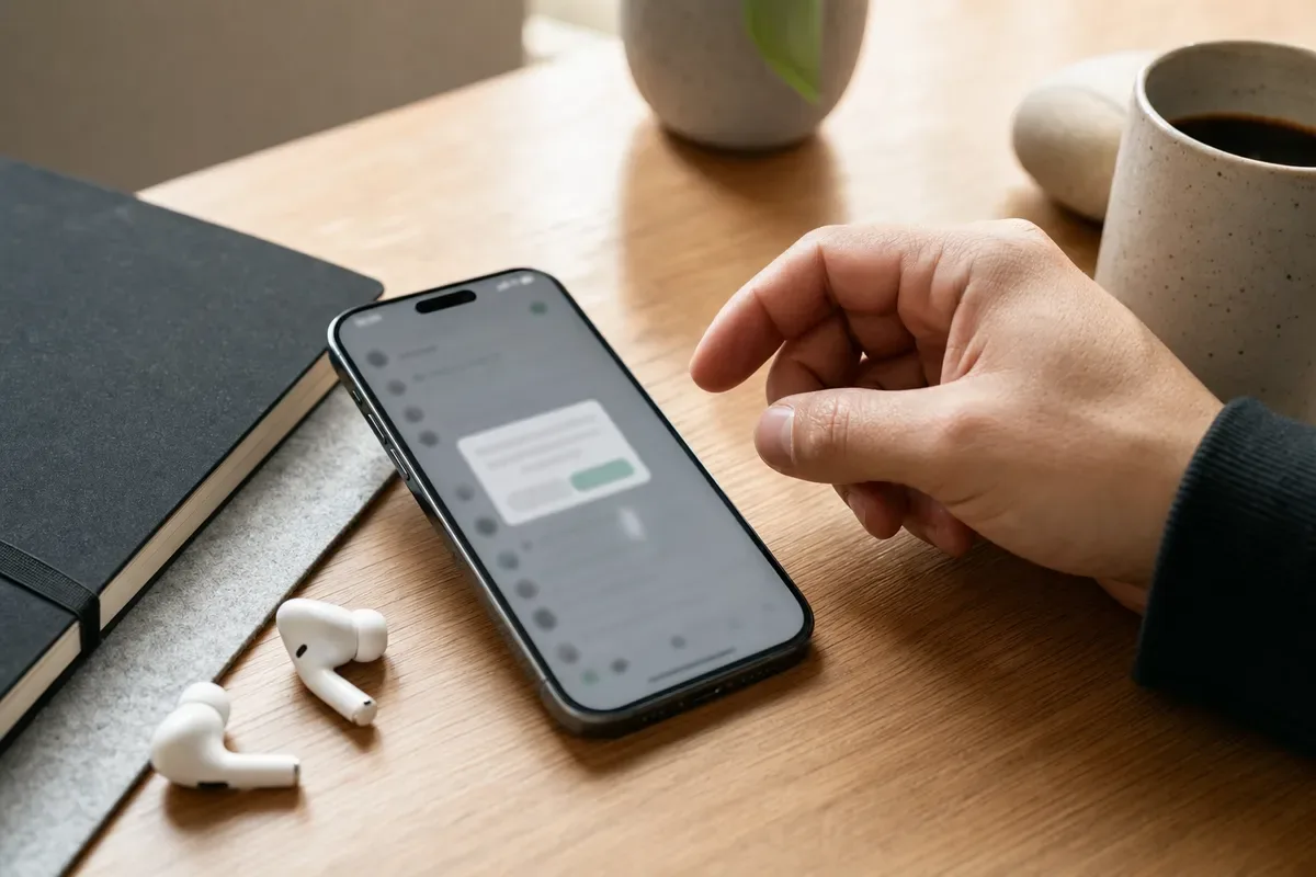 Smartphone su scrivania in legno con notifica sfocata sullo schermo, mano vicino, auricolari e tazza di caffè