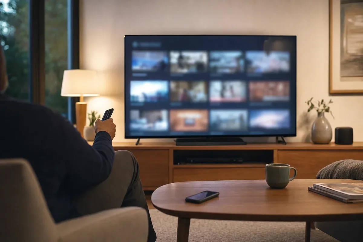 Soggiorno con TV accesa su interfaccia streaming sfocata e persona con telecomando, smartphone sul tavolino