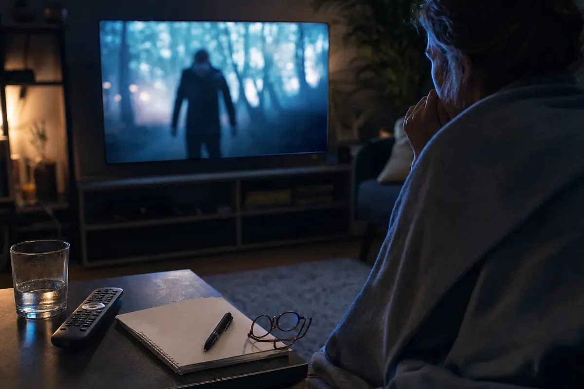 Spettatore sul divano guarda una scena thriller sfocata in TV, con telecomando, bicchiere, quaderno e occhiali sul tavolino