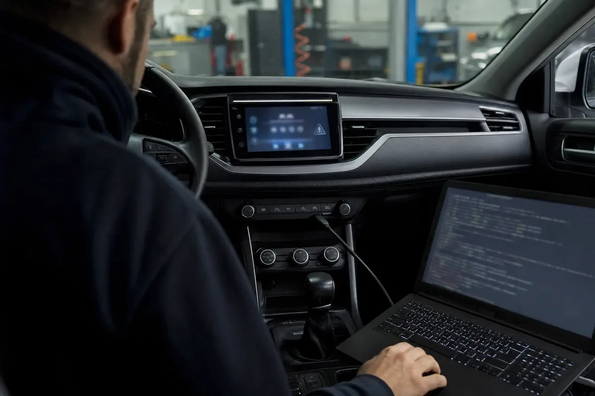 Tecnico in auto con laptop collegato al cruscotto, schermo infotainment con icona di avviso in officina