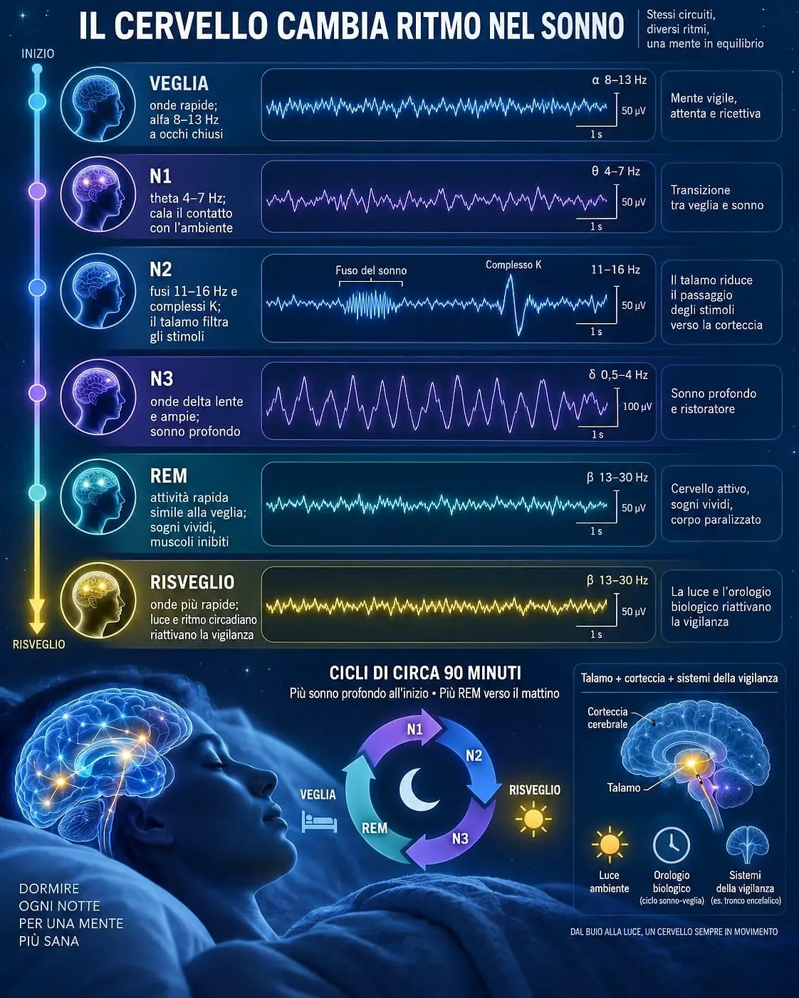 Tracciato elettroencefalografico per lo studio dell'attività cerebrale durante il sonno