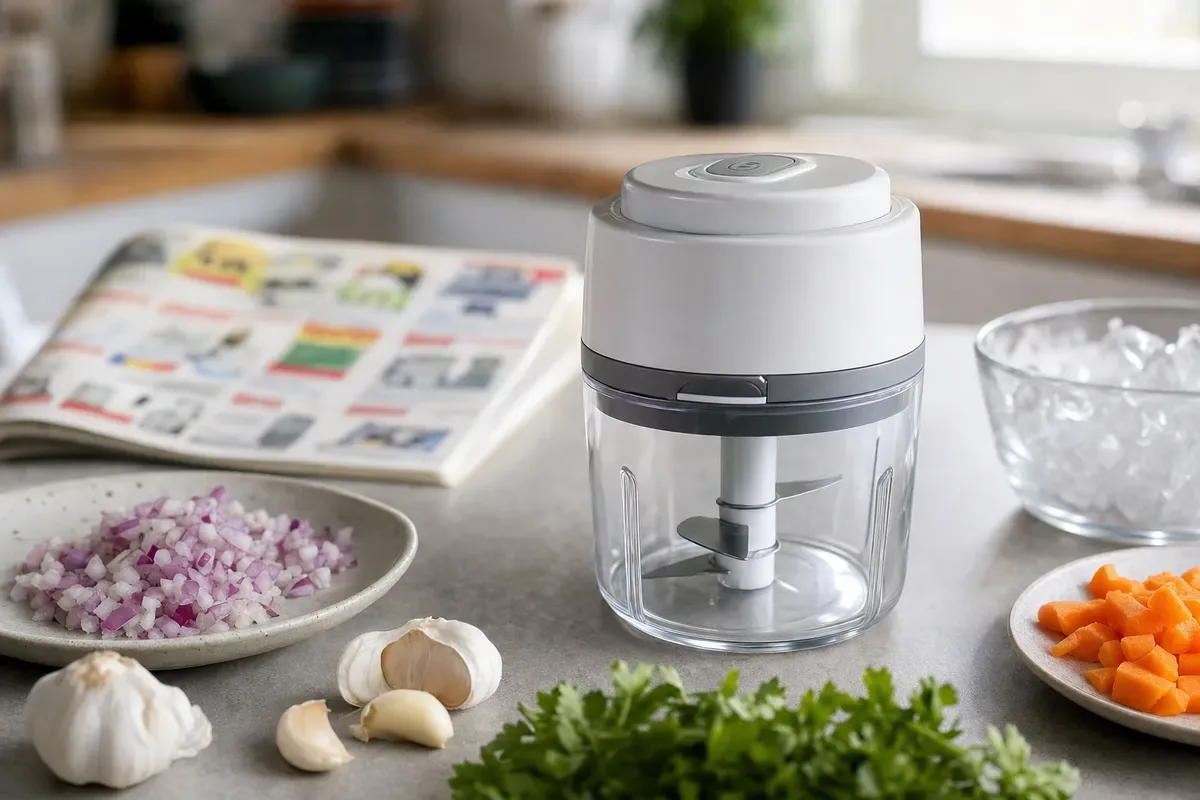 Tritatutto cordless compatto con contenitore trasparente su piano cucina, accanto a cipolla tritata, aglio, prezzemolo e