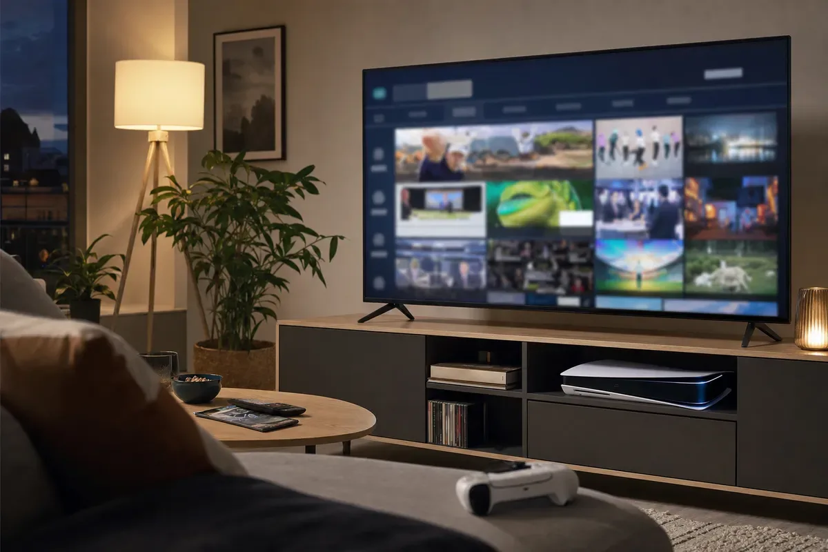 TV in salotto con interfaccia di canali in streaming e console da gioco nel mobile, con controller e telecomando sul tavolo