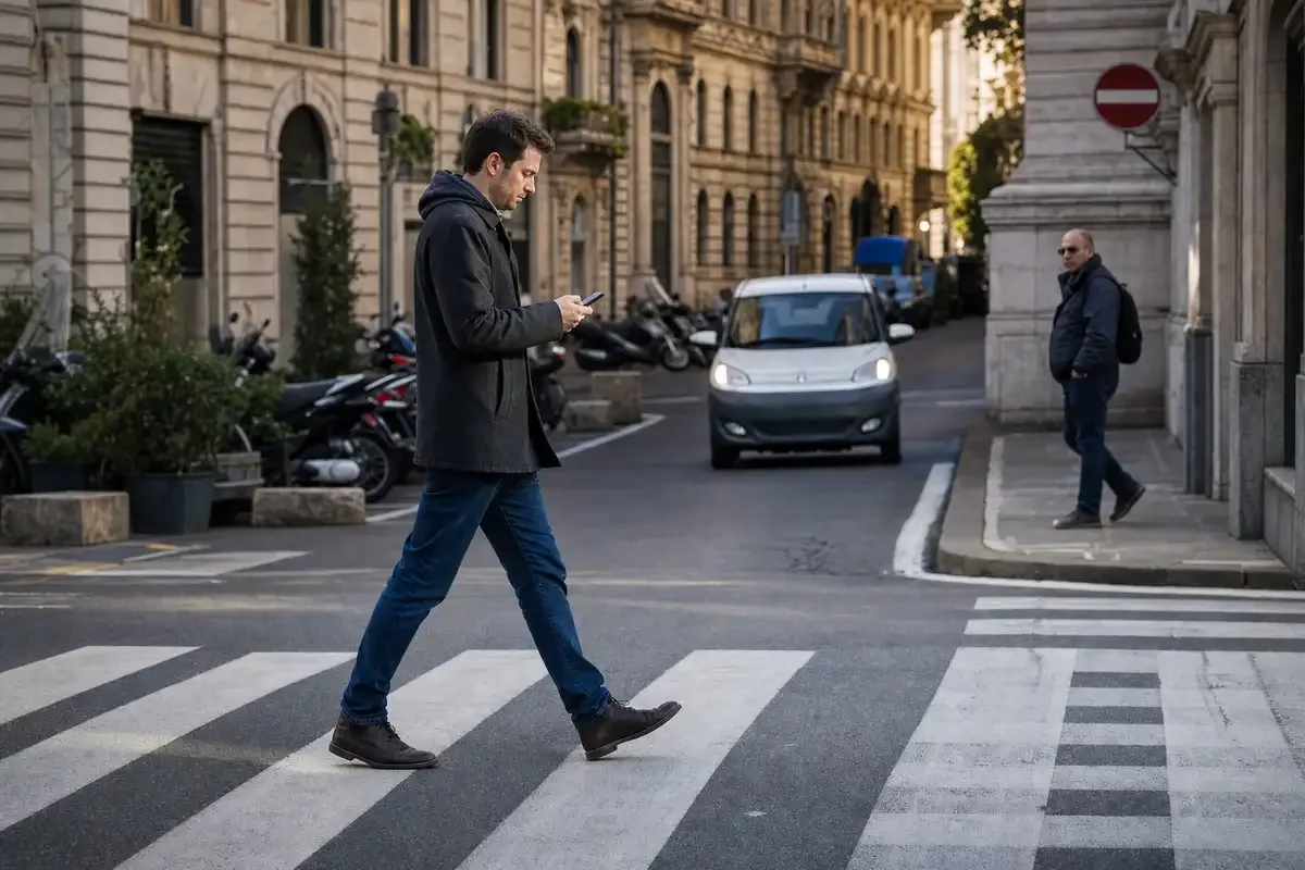 Uomo attraversa sulle strisce pedonali guardando lo smartphone, con un’auto in arrivo in una strada cittadina