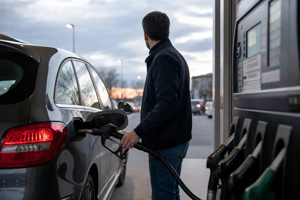 Uomo fa rifornimento a un’auto grigia con la pistola carburante inserita nel serbatoio, al distributore al tramonto