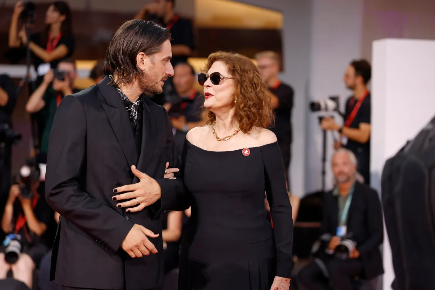 VENICE ITALY SEPTEMBER 06 Luca Marinelli and Susan Sarandon attend the The Echo Chamber Screening during the 83rd...