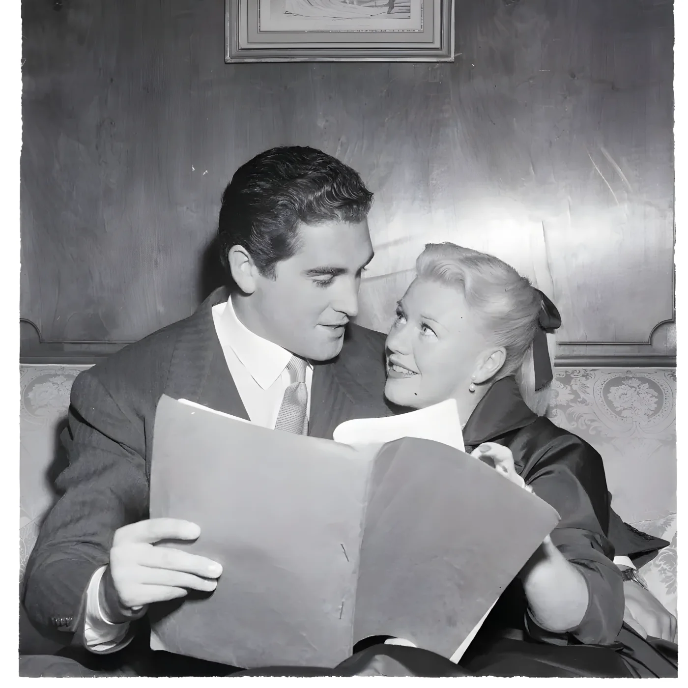 11/19/1953- New York, NY: Two stars come to earth. Actress Ginger Rogers, and French born husband Jacques Bergerac, just arrived from Hollywood, stop over in New York for a short visit, before continuing on to London, at the International Airport in New York City, the couple revealed they were to be co-starred in "Twist of Fate," which will be Bergerac's first movie, and will also visit his native aldn, Paris, in particular.