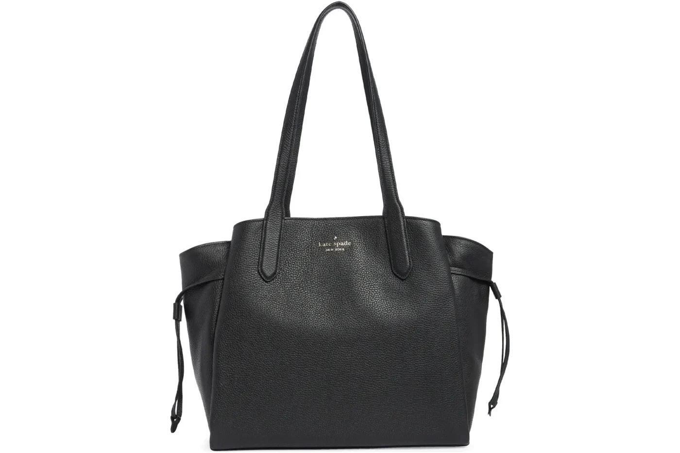 A black Kate Spade tote bag with shoulder straps and side drawstrings.
