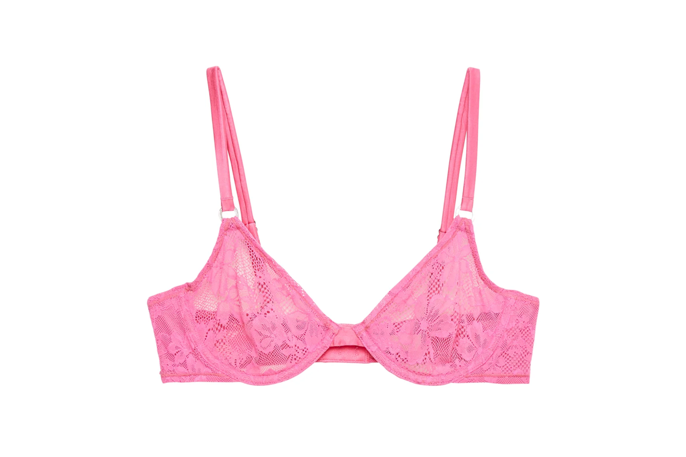 A bright pink lace bra with underwire and double straps on a white background.