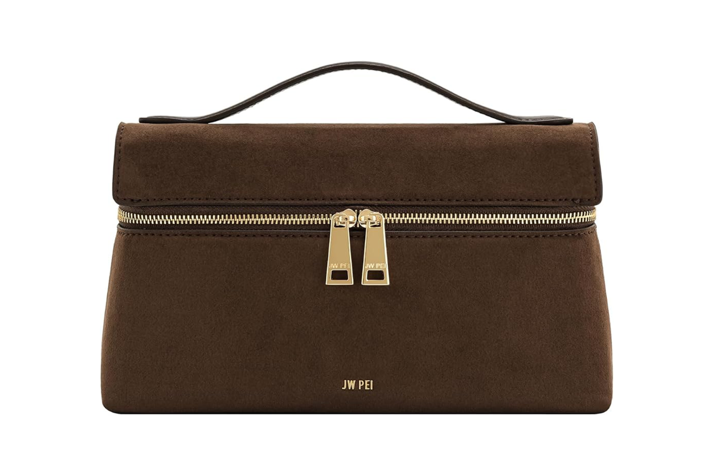 A brown suede JW Pei top-handle bag with gold hardware.