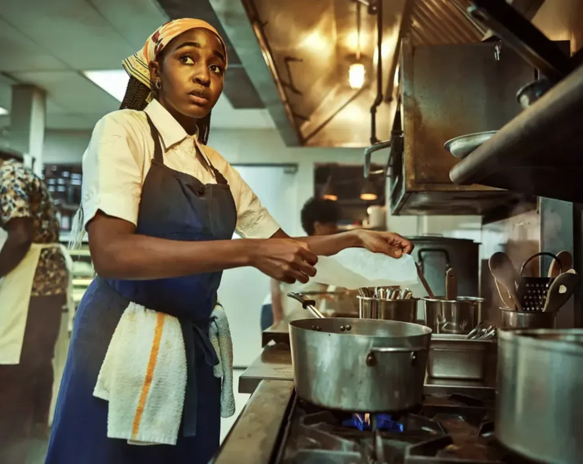 A chef cooking at a stove in a professional kitchen