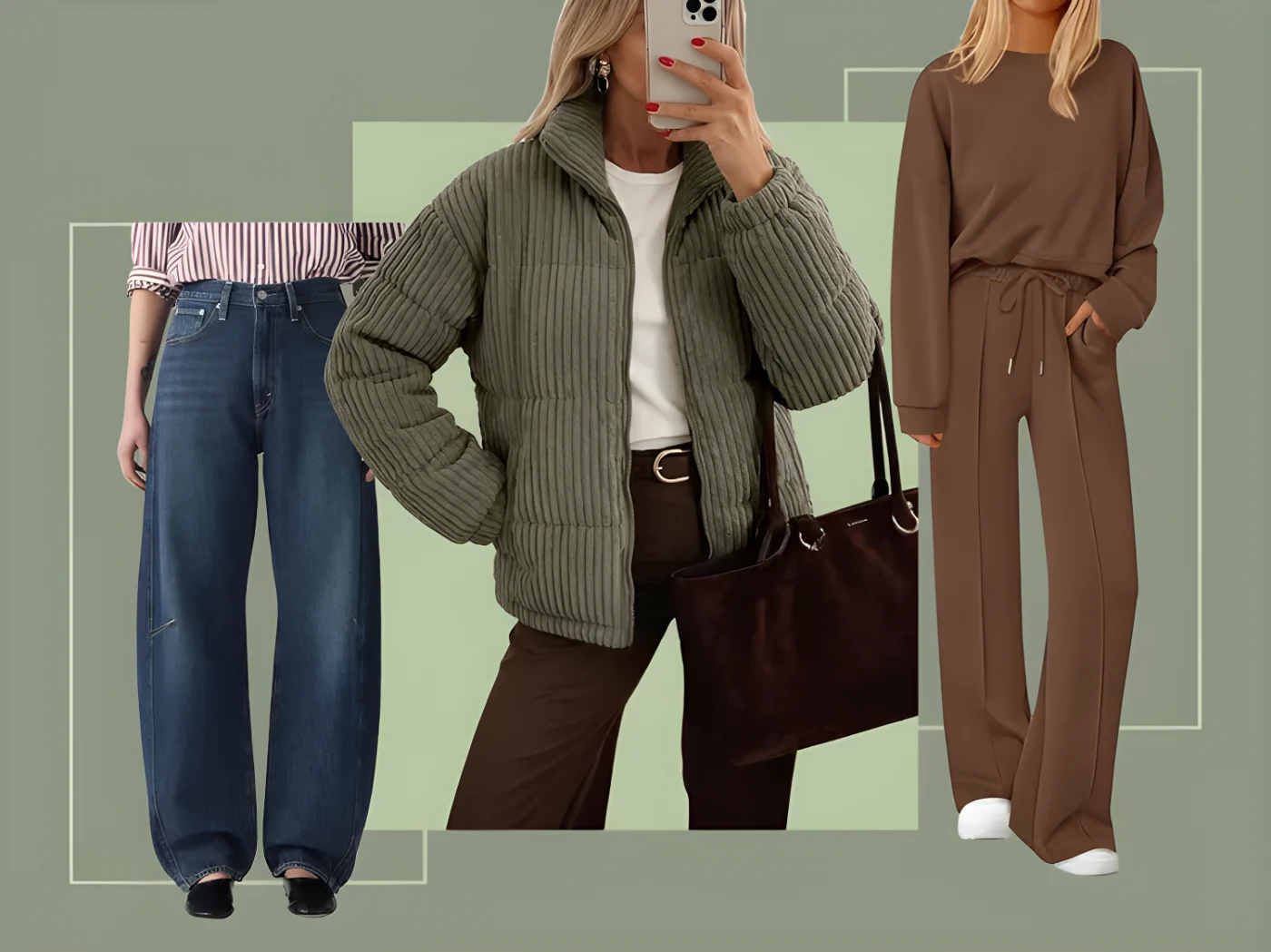 A composition showcasing three different fashion outfits featuring wideleg jeans a quilted jacket ensemble and a relaxed loungewear set