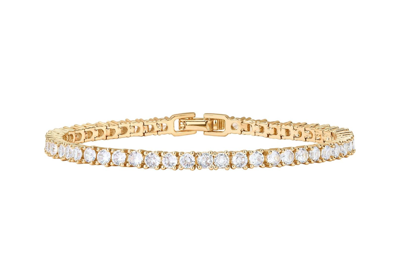 A gold tennis bracelet with a continuous line of clear round stones and a clasp in the center.