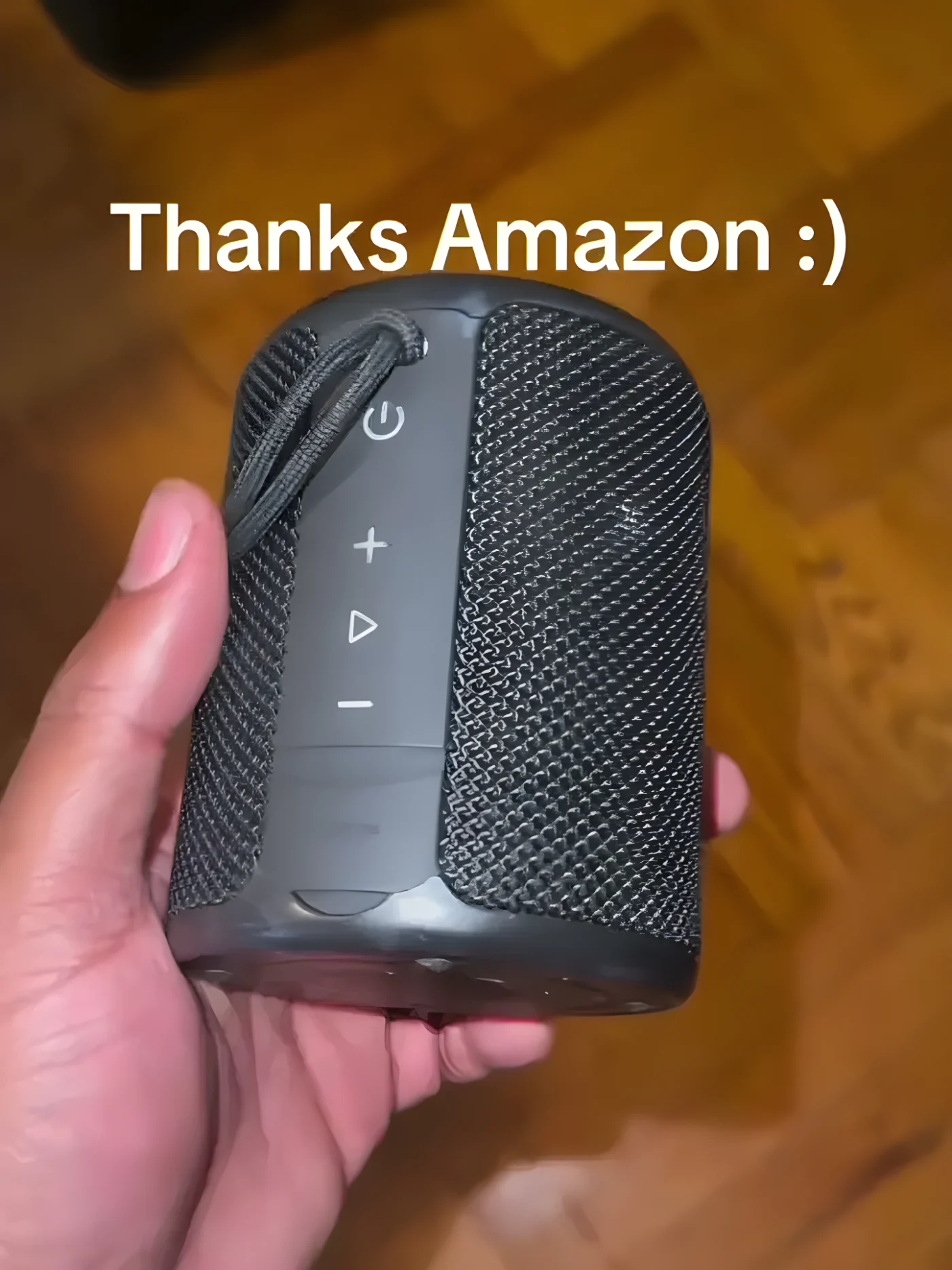 A hand holding a black portable speaker used to distract security.