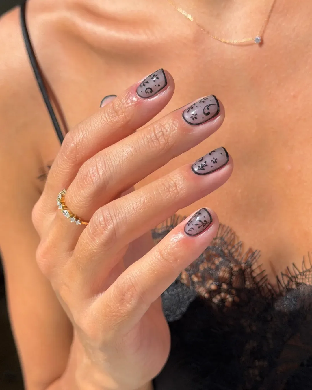 A hand showing nails with a stylish design featuring detailed art
