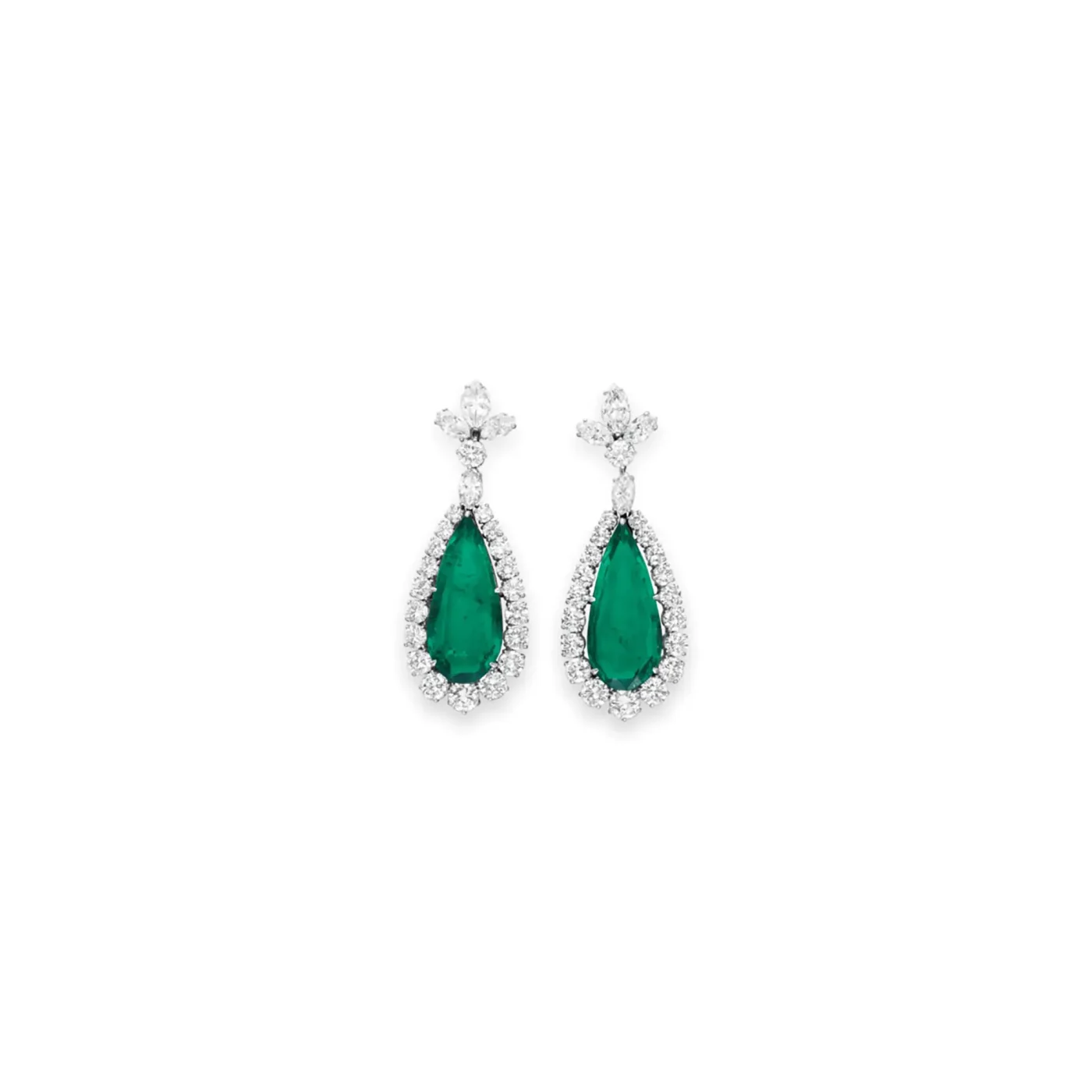 A pair of pear-shaped emerald and diamond drop earrings.