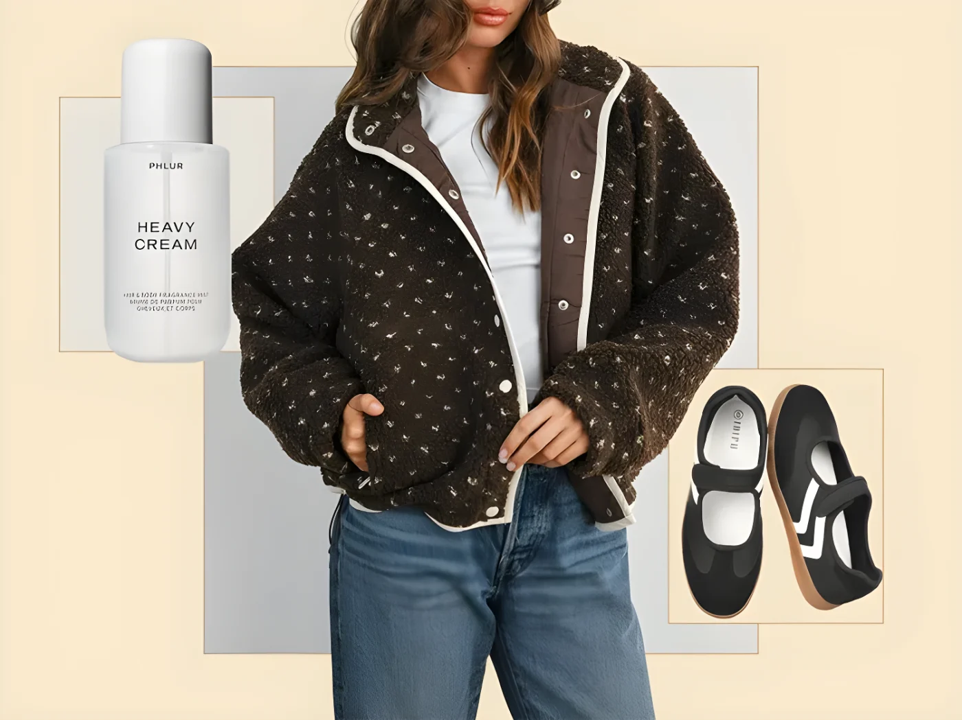 A person modeling casual clothing alongside images of a skincare product and shoes