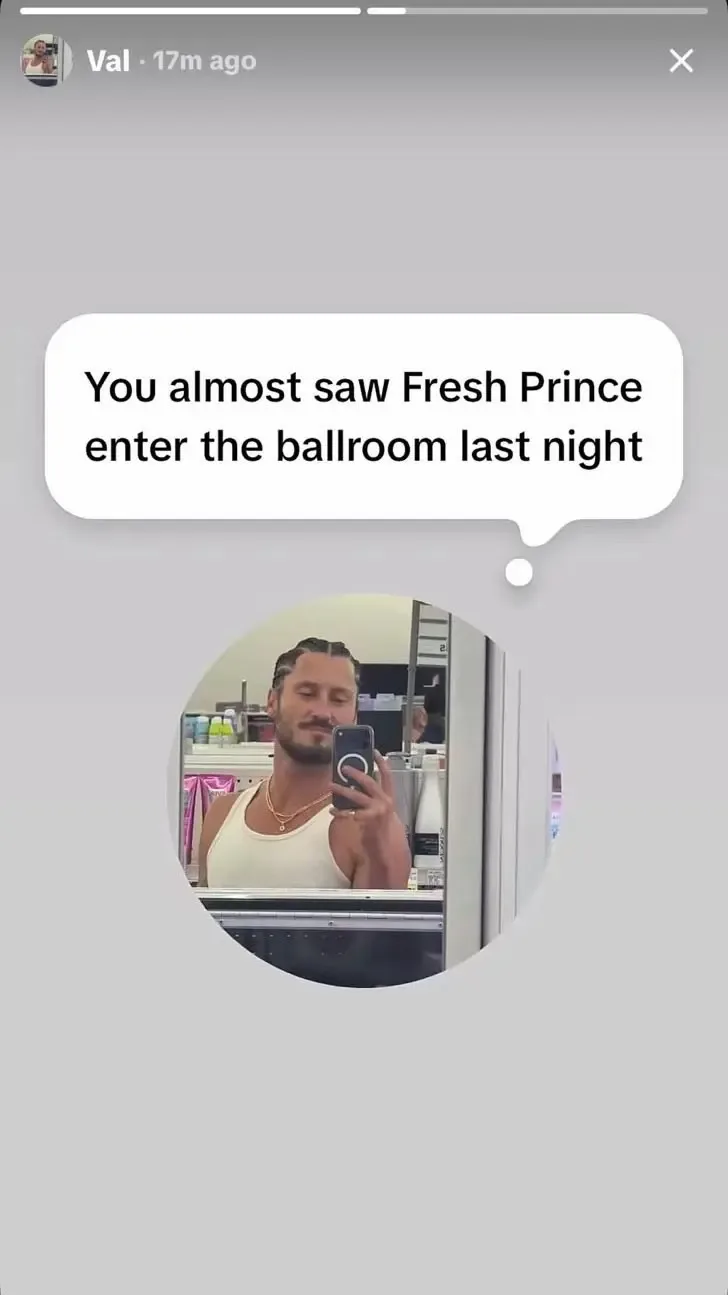 A screenshot of a social media story featuring a mirror selfie of Val Chmerkovskiy with the text