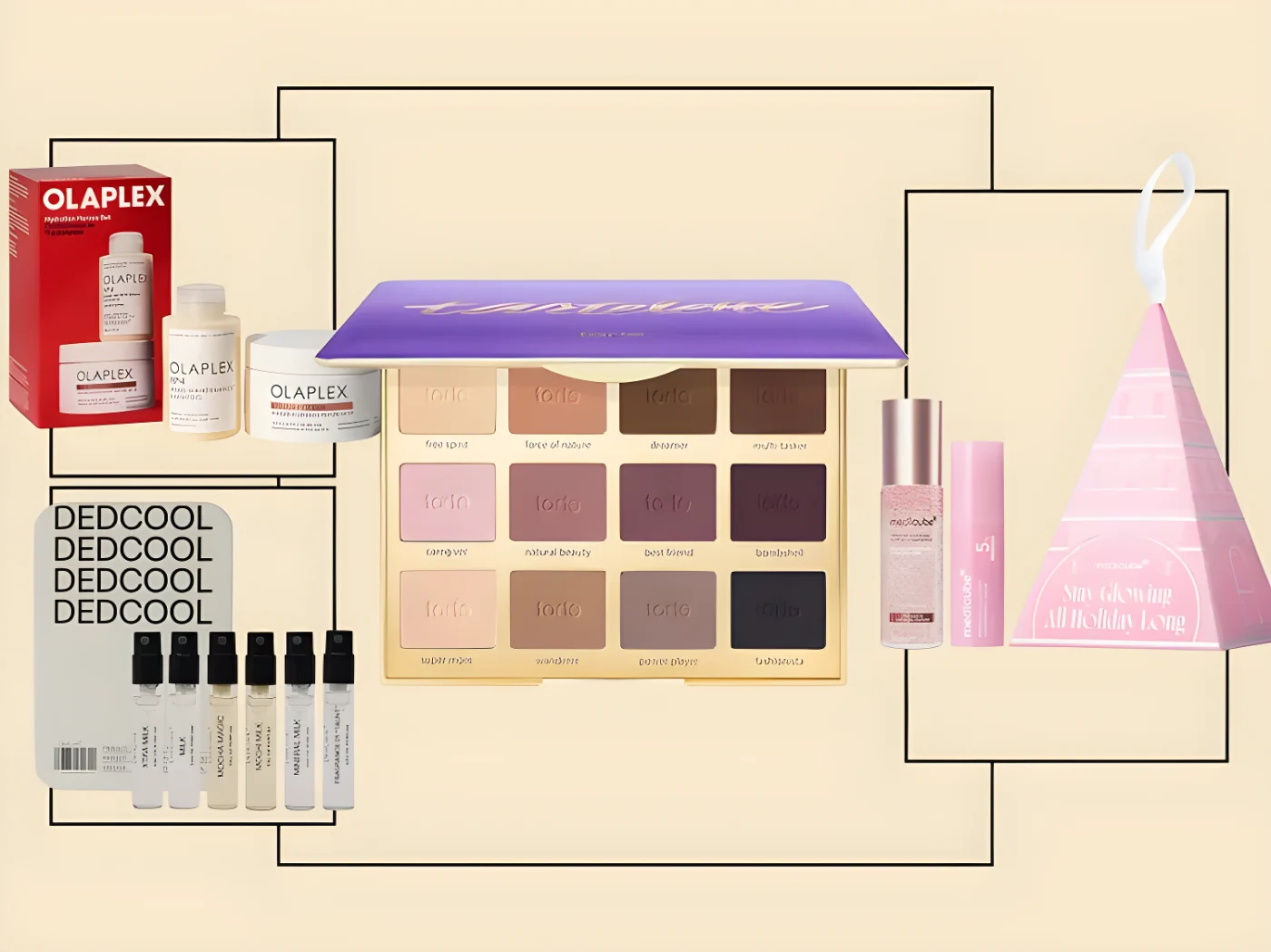 A selection of beauty products including Olaplex hair care a palette of makeup shades perfume samples and pink boxed items