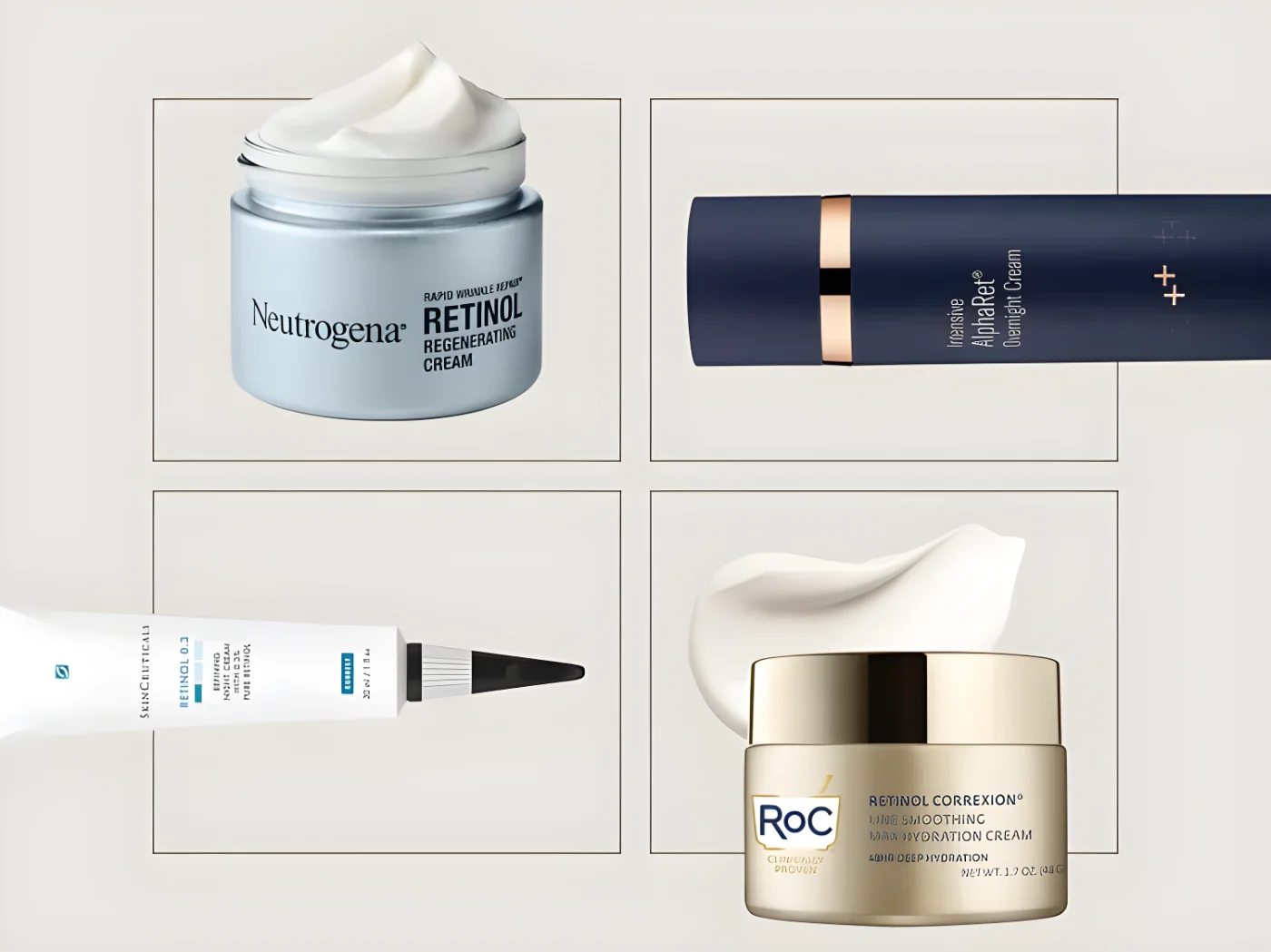 A selection of retinol skincare products including Neutrogena RoC and others in containers shown with their cream texture samples