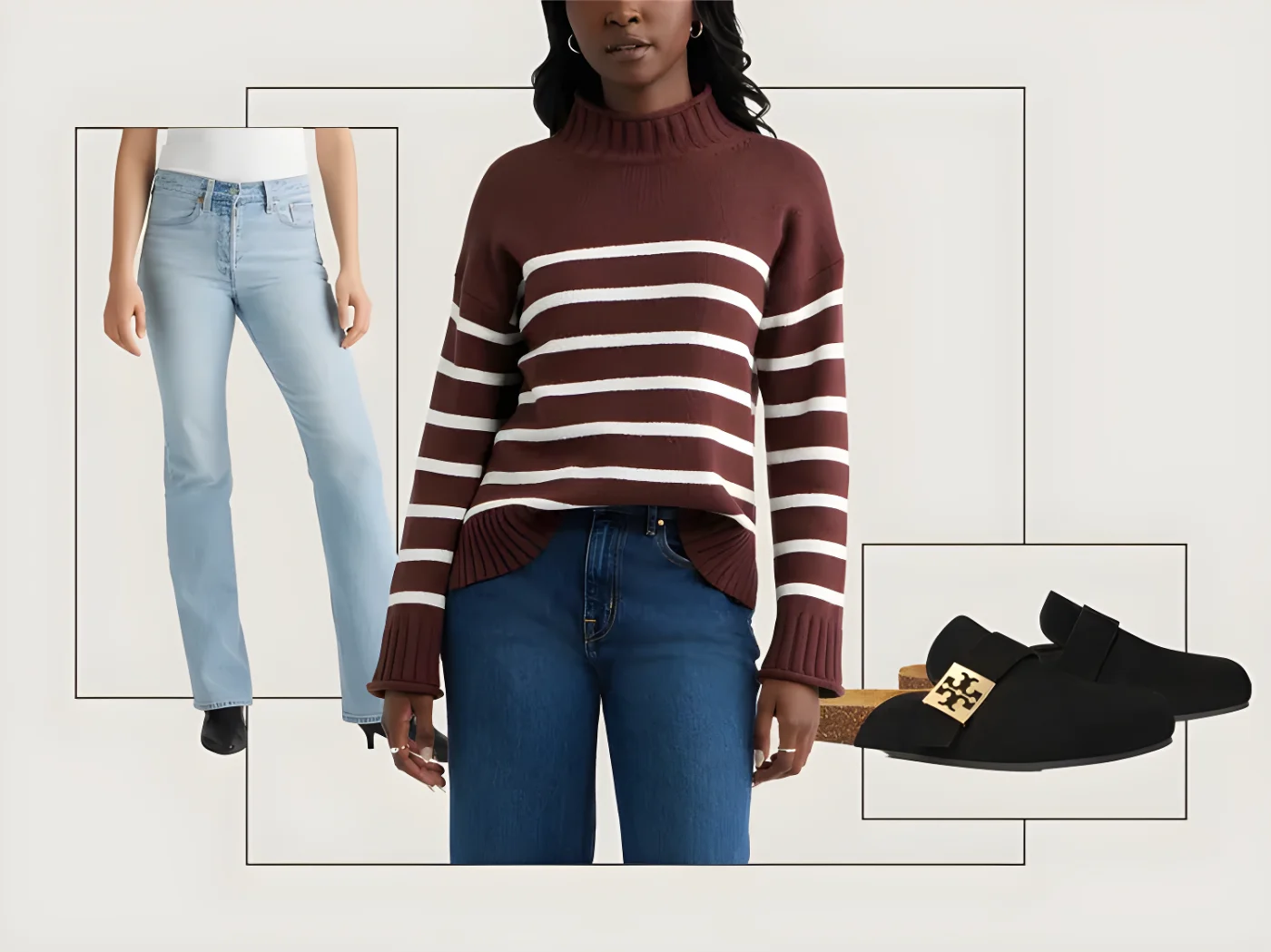 A striped sweater jeans and loafers are displayed in a collage