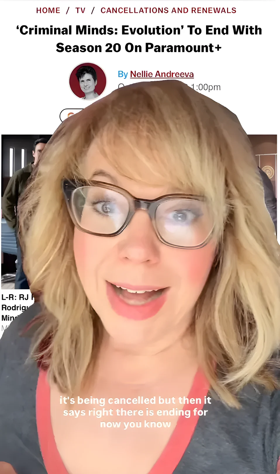 A video screenshot of a woman reacting to an article headline that reads, "Criminal Minds: Evolution To End With Season 20 On Paramount+" with captions at the bottom that read, "it